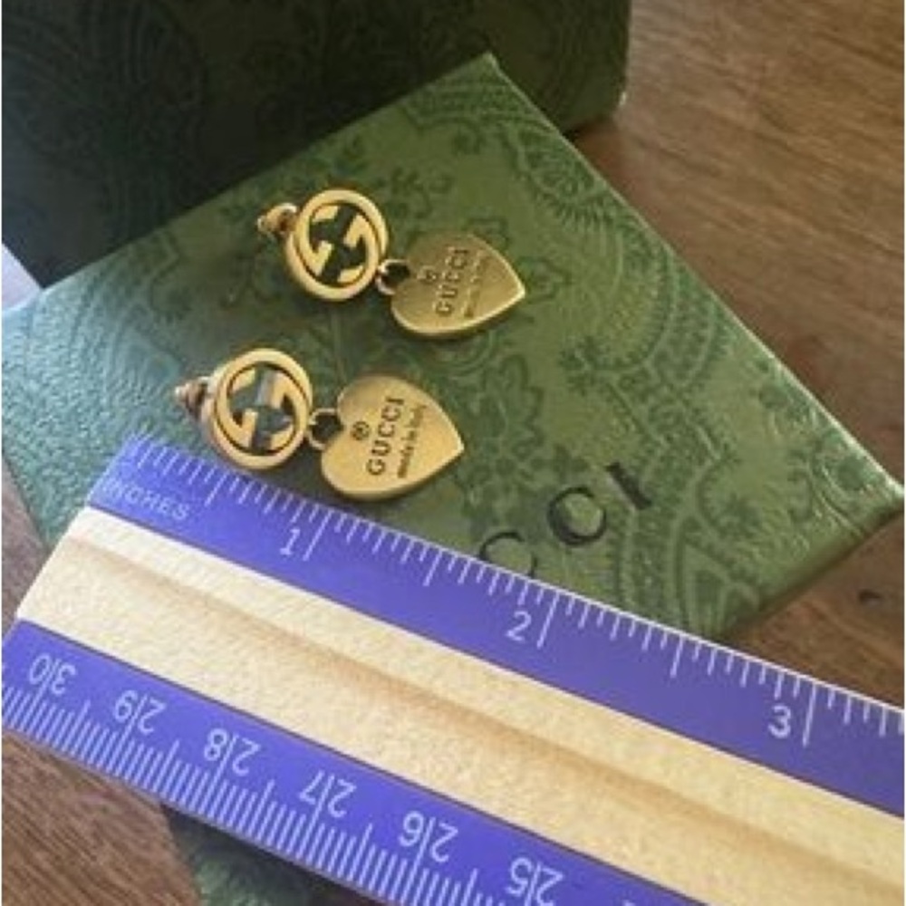 Gold Heart Drop Earrings with Interlocking Logo Accent - Picture 5 of 7